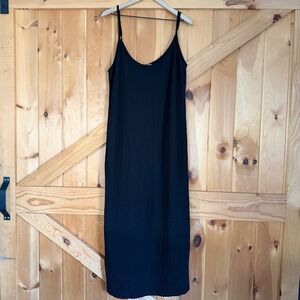 H&M Slip Dress Black Textured Crinkle Adjustable Strap Midi Goth Grunge XXL FLAW